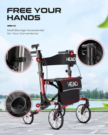 Rollator Walker with Seat, Shock Absorber for Senior with Cup Holder